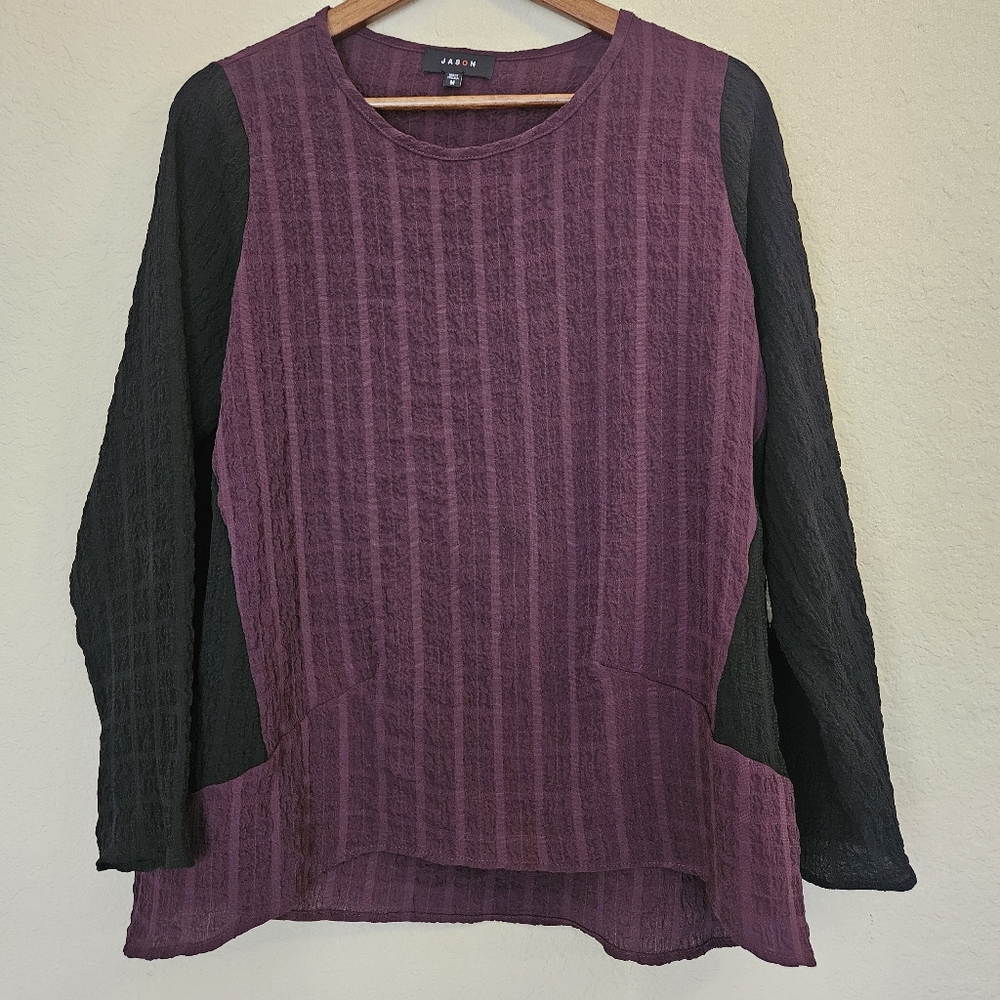 Jason Gauzy Tunic Top Womens‎ Medium Burgundy Black Mixed Media Textured Blouse